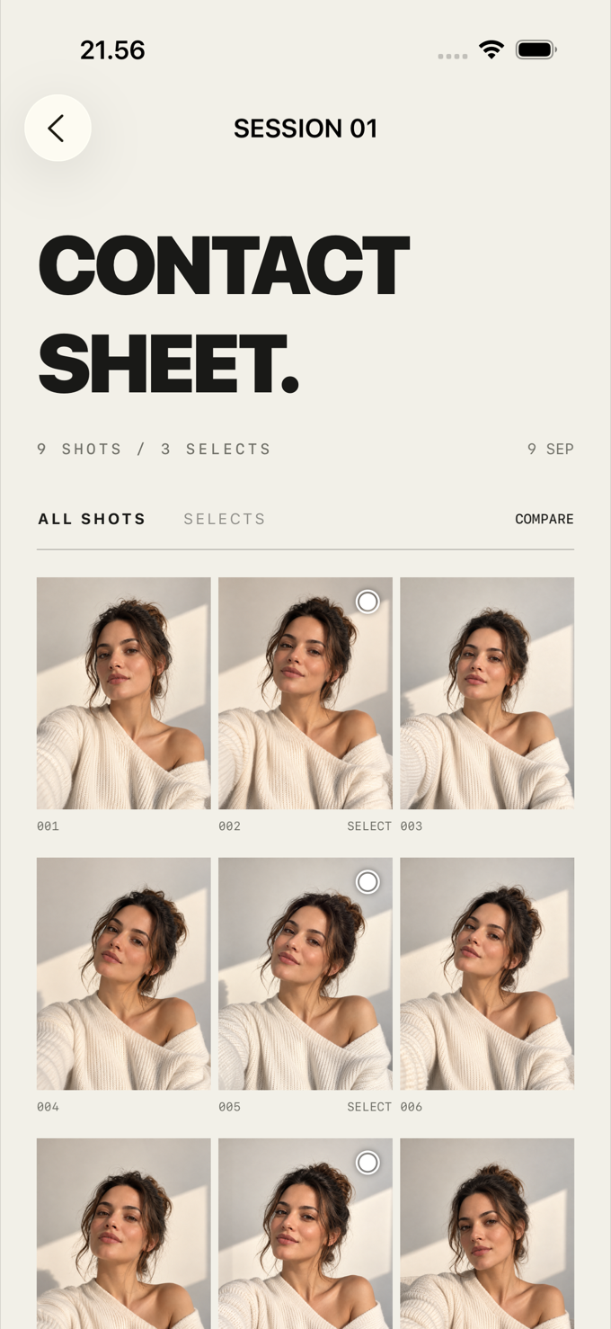 MODEL MOMENT contact sheet displaying nine illustrative sample portraits