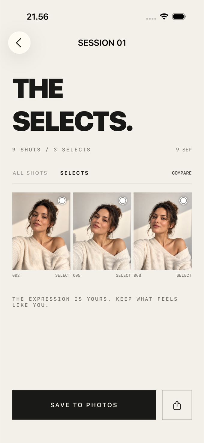 MODEL MOMENT Selects view with three chosen illustrative portraits and Save to Photos